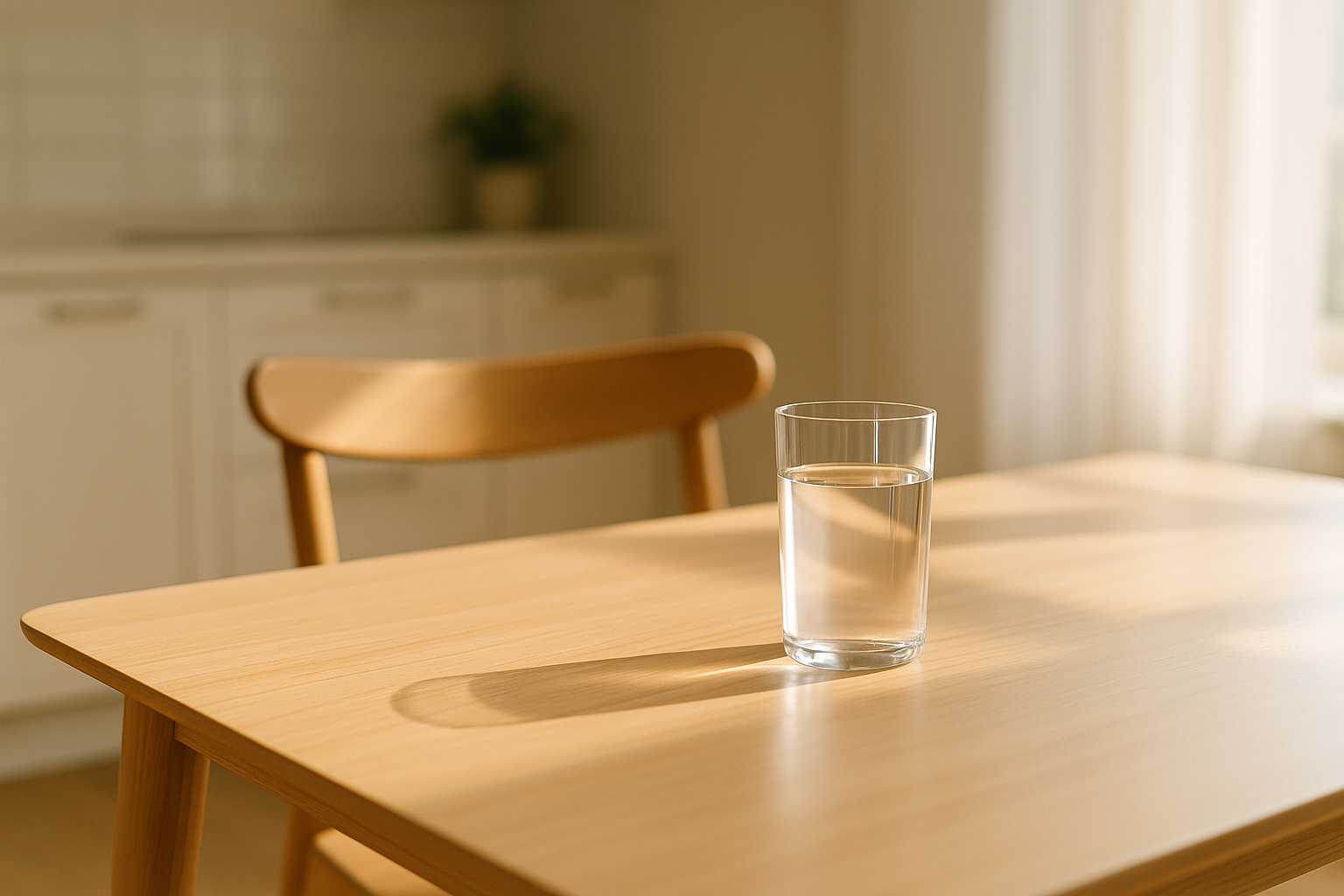 식탁 위 유리컵에 담긴 물과 햇살이 비추는 아침 풍경
