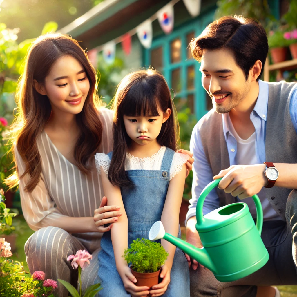 정원에서 물뿌리개를 엎질러 실망하는 딸을 부모가 부드럽게 위로하며 함께 물뿌리개를 다시 채우는 장면