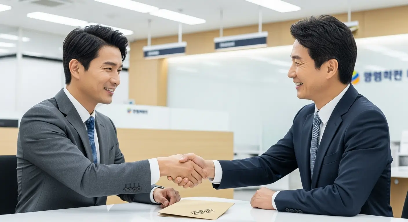 한 한국인 개인 사업자가 은행 창구에서 준비한 서류를 자신감 있게 제출하고, 은행원과 악수하는 모습
