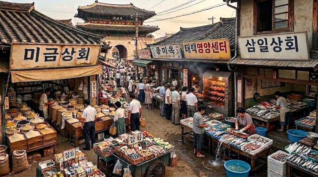 1970년대 수원 영동시장 남문 옆의 활기찬 시장 풍경. 좌측에는 '미금상회' 쌀가게가, 우측에는 '삼일상회' 수산물 도매점과 '태백영양센터' 등이 자리 잡고 있다. 시장을 가득 채운 각종 곡식과 싱싱한 생선들, 정겨운 옛 건물 사이로 사람들의 활기찬 모습이 어우러진 추억 속의 시장 거리 이미지.