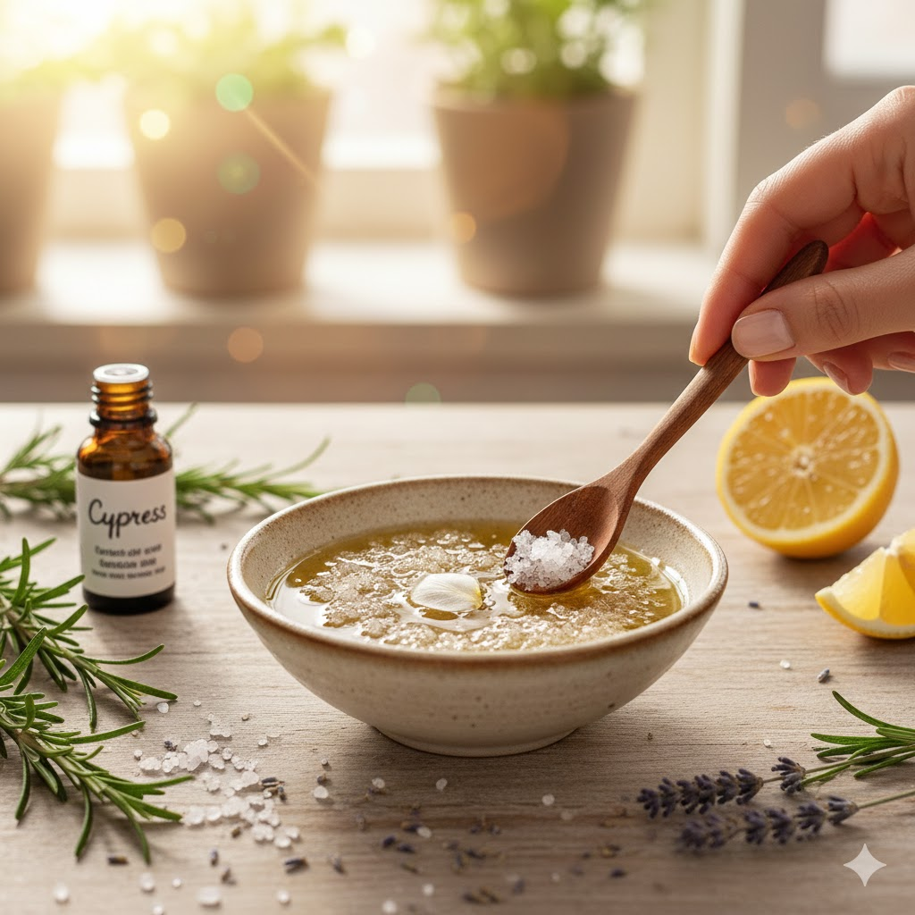 천연 소금과 에센셜 오일을 섞어 만든 핸드메이드 바디 스크럽. 수(水) 기운을 다스리고 체내 독소 배출을 돕는 홈케어 재료