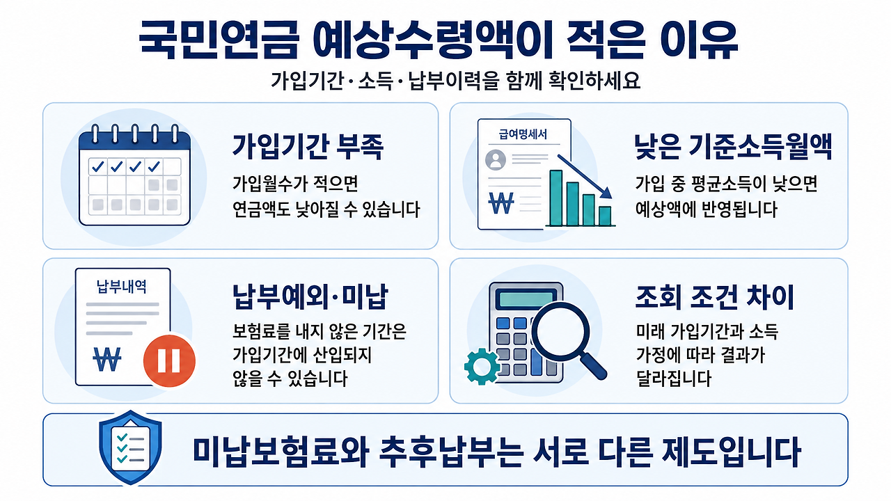 국민연금 예상수령액이 적게 나오는 이유와 가입기간·기준소득월액·납부예외·미납 확인사항
