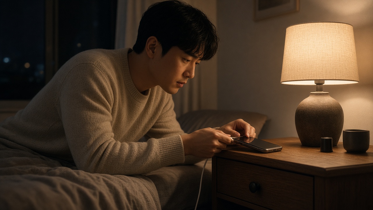 책상 위 충전기에 연결된 갤럭시 휴대폰과 와이파이 공유기를 확인하는 한국인 대학생