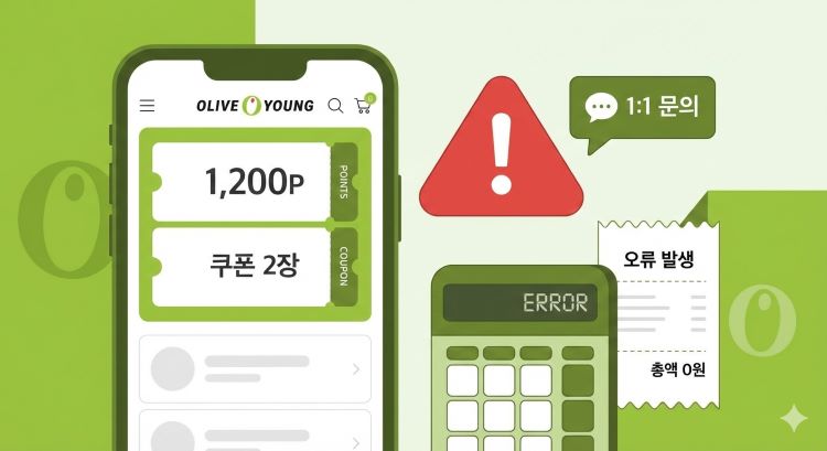 올리브영 앱 화면에서 포인트와 쿠폰이 보이는 스마트폰, 옆에 경고 아이콘(오류 표시)과 채팅창(1:1 문의), 계산기와 영수증이 함께 있는 2D 플랫 일러스트. 초록&middot;흰색 톤으로 올리브영 브랜드 컬러를 살린 구성