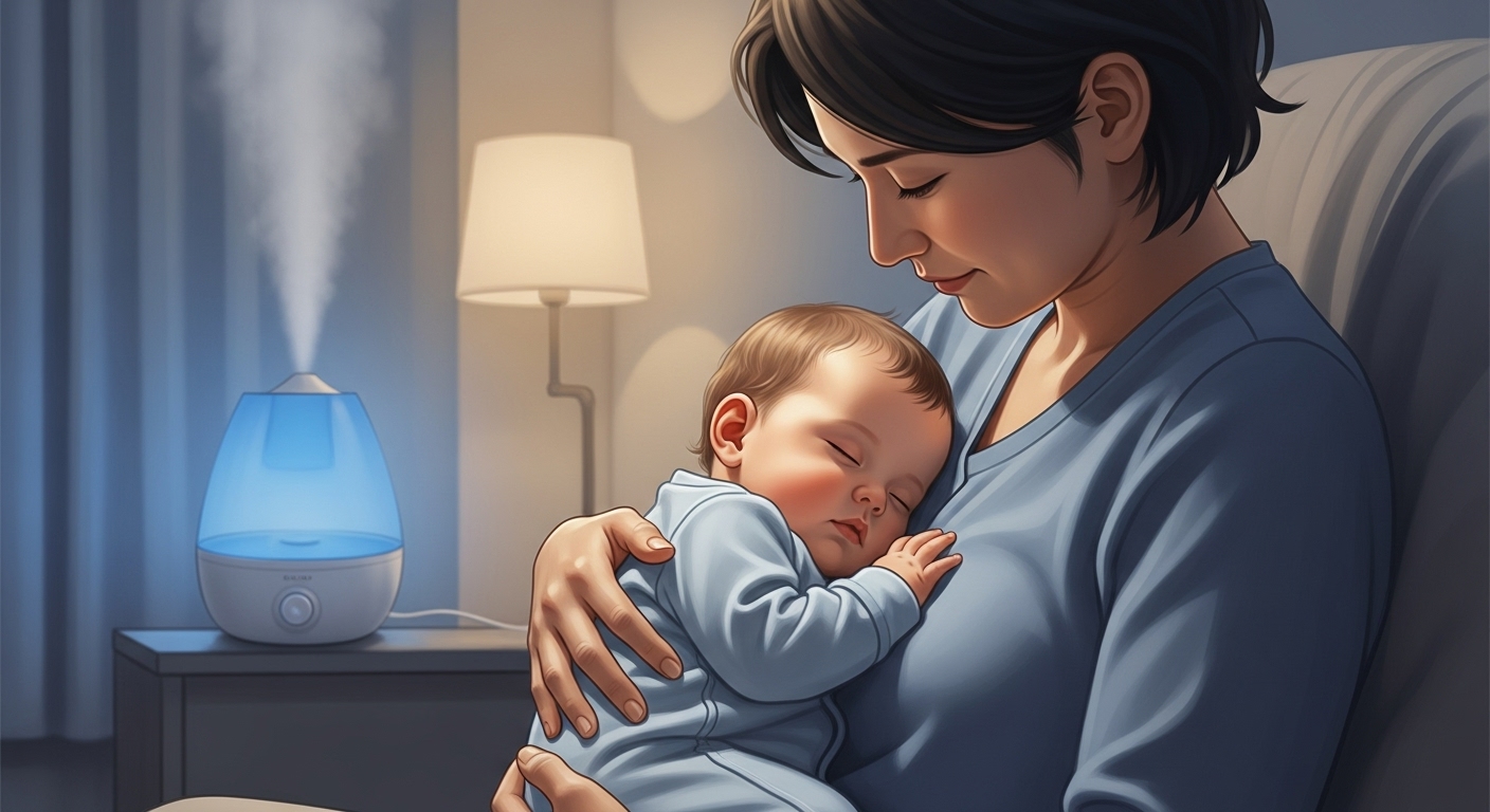 따뜻한 빛이 감도는 방에서 부모가 감기 걸린 아기를 부드럽게 안고 재우는 모습, 편안하고 안전한 분위기