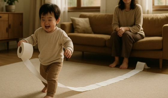 휴지 풀어 내리는 아이