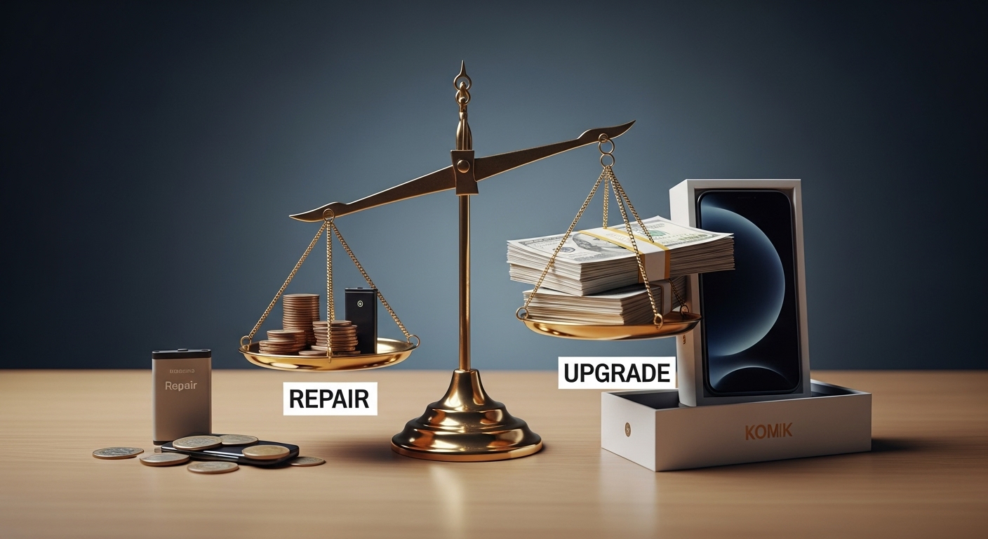 수리 비용과 새 스마트폰 구매 비용을 저울에 올려 비교하는 모습