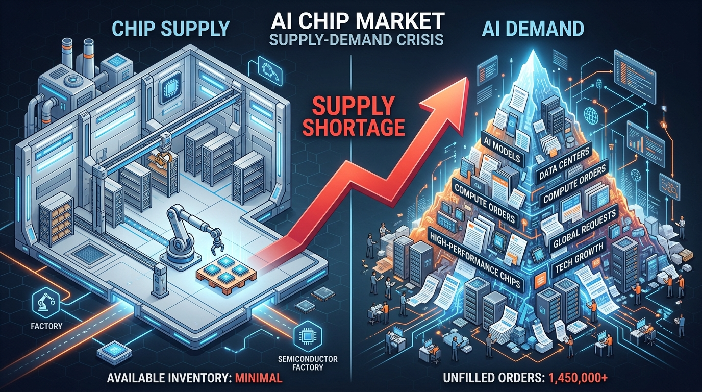 텅 빈 창고와 쏟아지는 주문서를 대조하여 반도체 공급 부족 상황을 시각화한 인포그래픽
