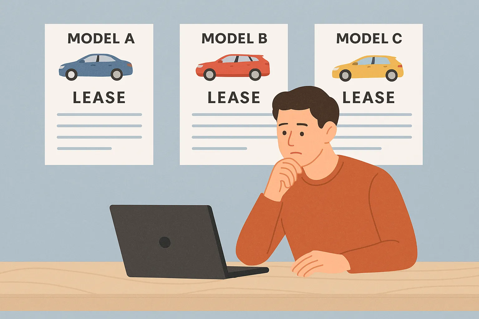 차종별 리스 조건을 비교하며 고민하는 남성 일러스트