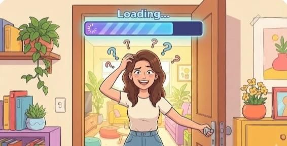 머리 위 물음표와 함께 방문을 여는 여성