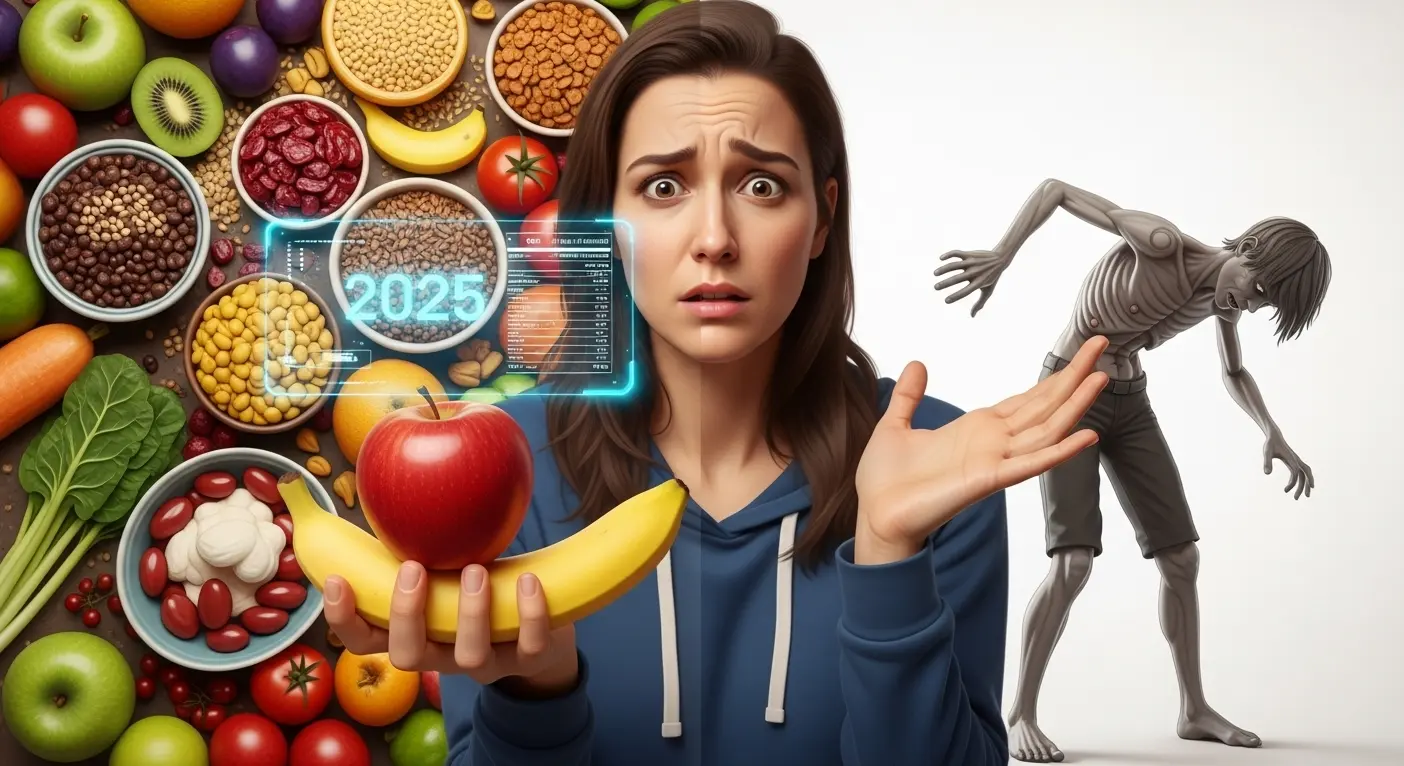 한 손에는 사과, 다른 손에는 바나나를 들고 혼란스러워하는 사람이 보이는 이미지. 한쪽에는 다채로운 건강식단이, 다른 쪽에는 지쳐 보이는 모습이 대비되어 원푸드 다이어트의 위험성을 시사하며 2025년 영양학적 관점을 담고 있습니다.