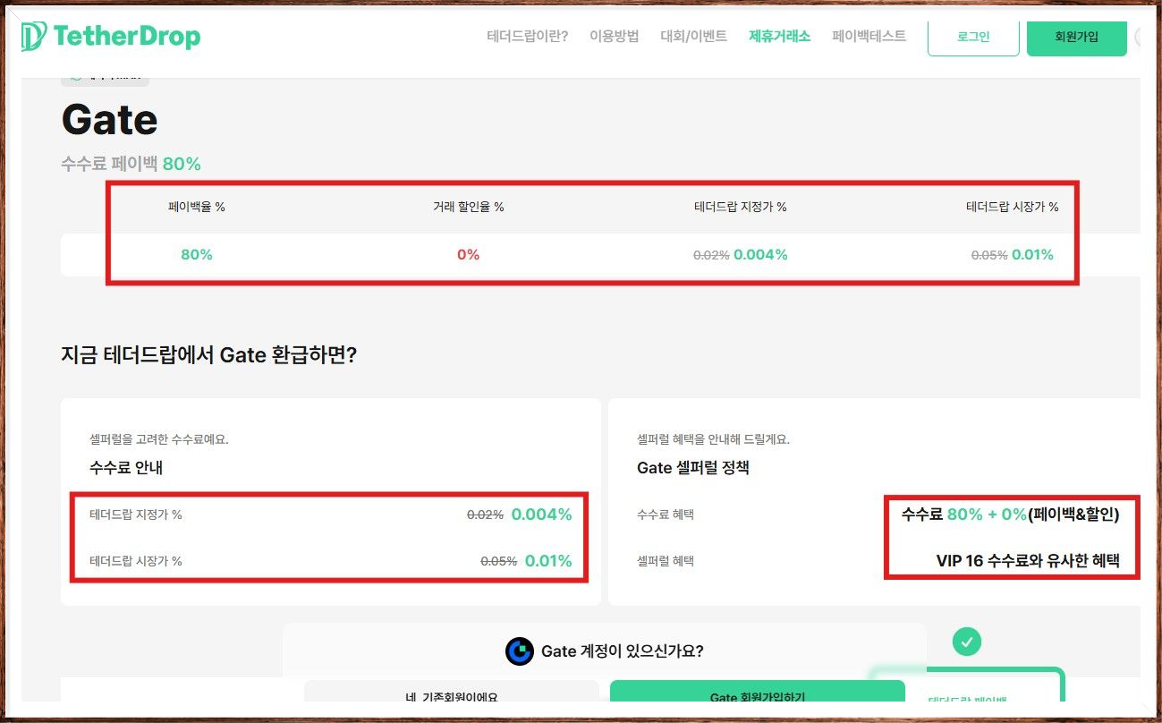 테더드랍 페이백 적용 후 수수료율 안내