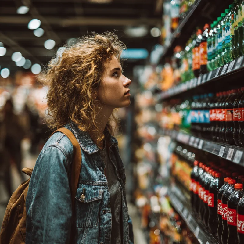 2025년 건강 트렌드로 변화하는 콜라 소비자 선택과 다양한 브랜드 상품을 비교하며 건강지향 소비 패턴, 판매 순위, 브랜드별 변화 요인을 나타낸 장면