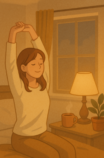 조명아래 따뜻한 차를 마시기 전 스트레칭하는 모습사진