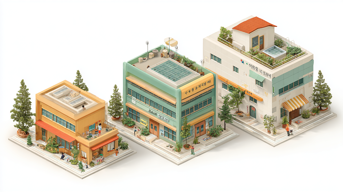 공립유치원, 사립유치원, 어린이집 세 기관을 나란히 보여주는 일러스트