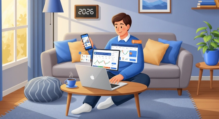 집에서 노트북과 스마트폰으로 금융을 관리하며 편안하고 편리하게 온라인으로 펀드에 가입하는 사람의 모습