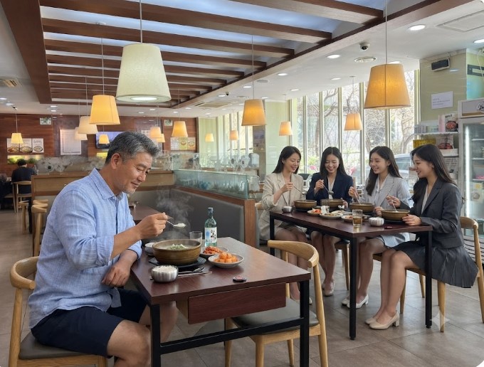 혼자 느긋하게 설렁탕으로 혼밥을 즐기고 있는 50대 퇴직남