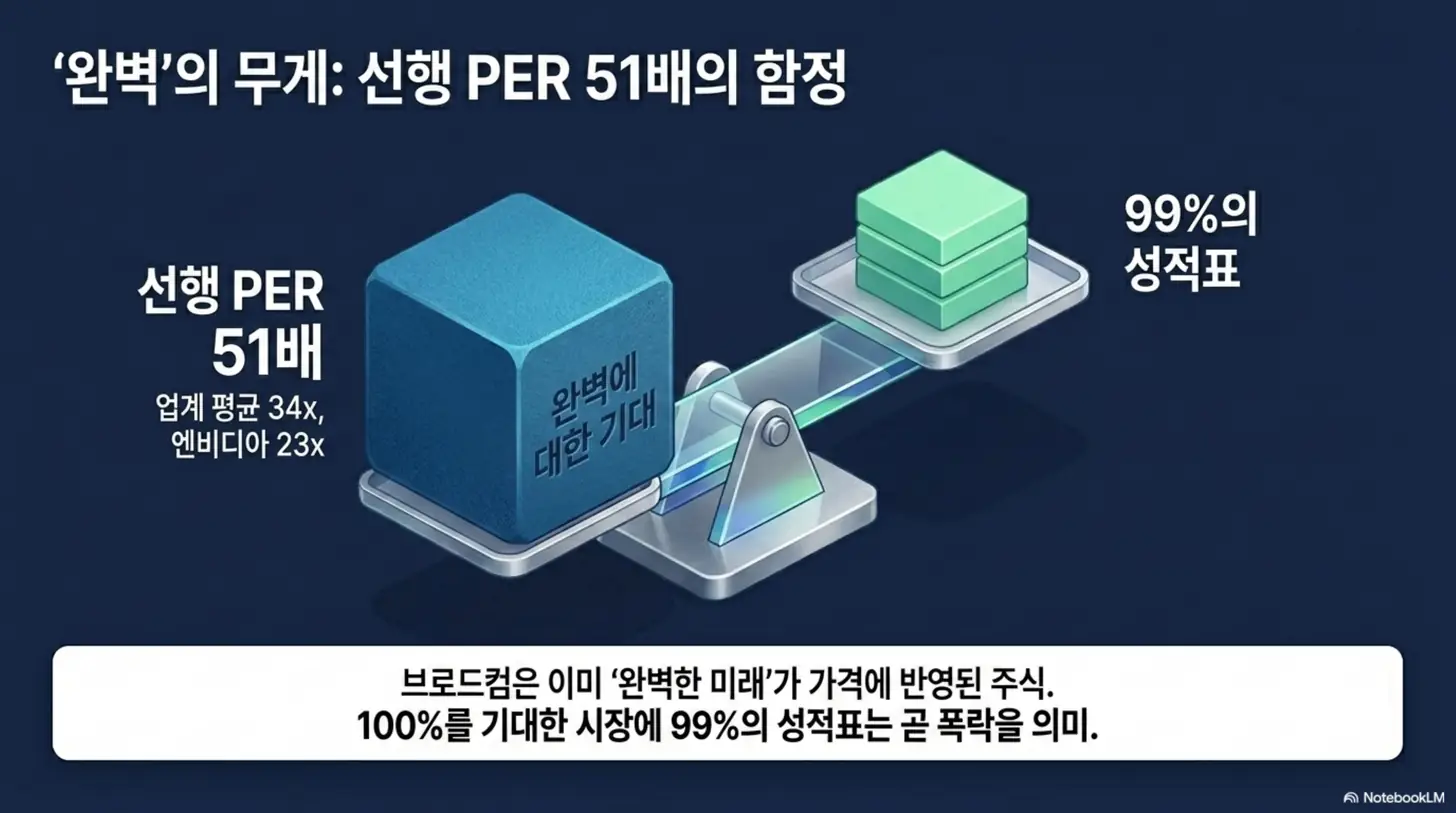 브로드컴 주가: 브로드컴의 선행 PER 51배 부담을 저울로 표현한 인포그래픽으로, 완벽에 대한 기대가 99%의 성적표보다 무겁다는 점을 시각화한다. 업계 평균 34배, 엔비디아 23배와 비교한 고평가 부담을 보여주며, 브로드컴 밸류에이션과 주가 폭락 배경을 설명하는 블로그 내용과 관련됨