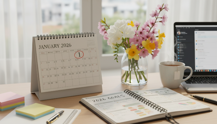 2026년 계획을 세우기 위해 준비된 다이어리와 봄꽃이 있는 책상 풍경