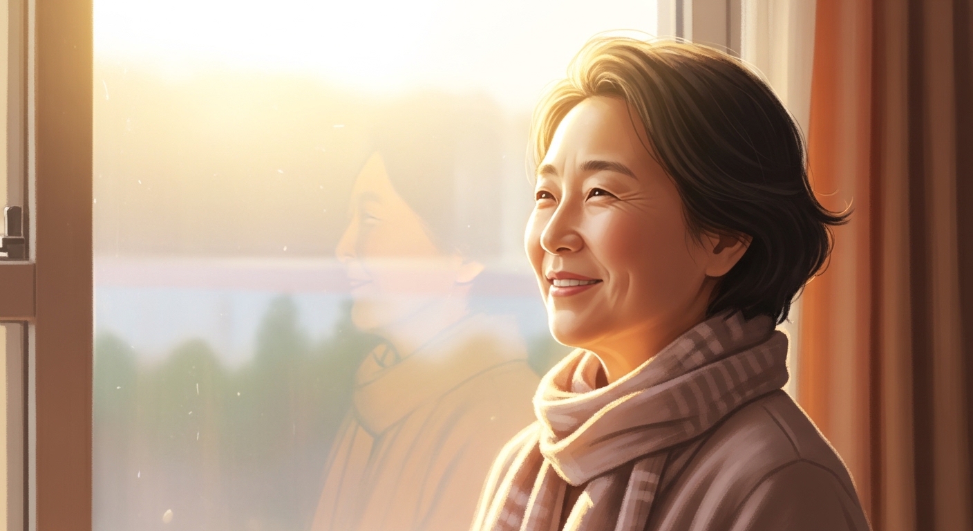 아침 햇살 속에서 편안히 미소 짓는 50대의 모습