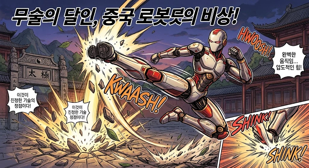 중국 무술 동작을 역동적으로 시연하는 휴머노이드 로봇 일러스트