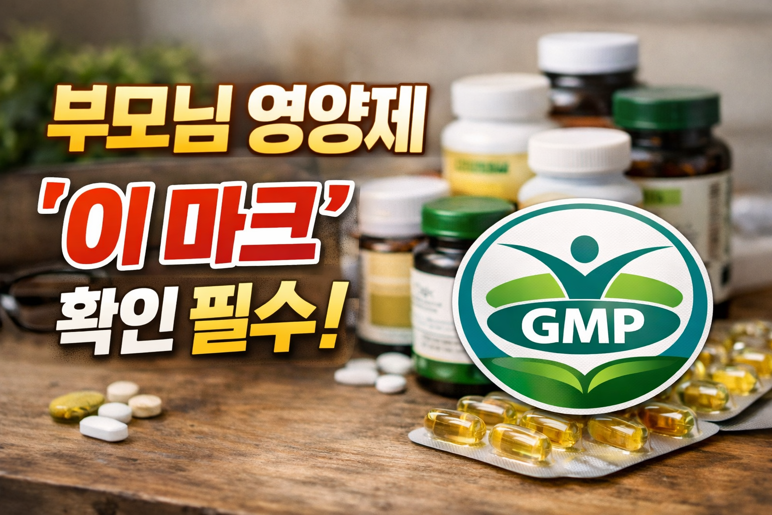 부모님 영양제와 건강기능식품 GMP 인증 마크, 안전한 영양제 선택 기준 이미지