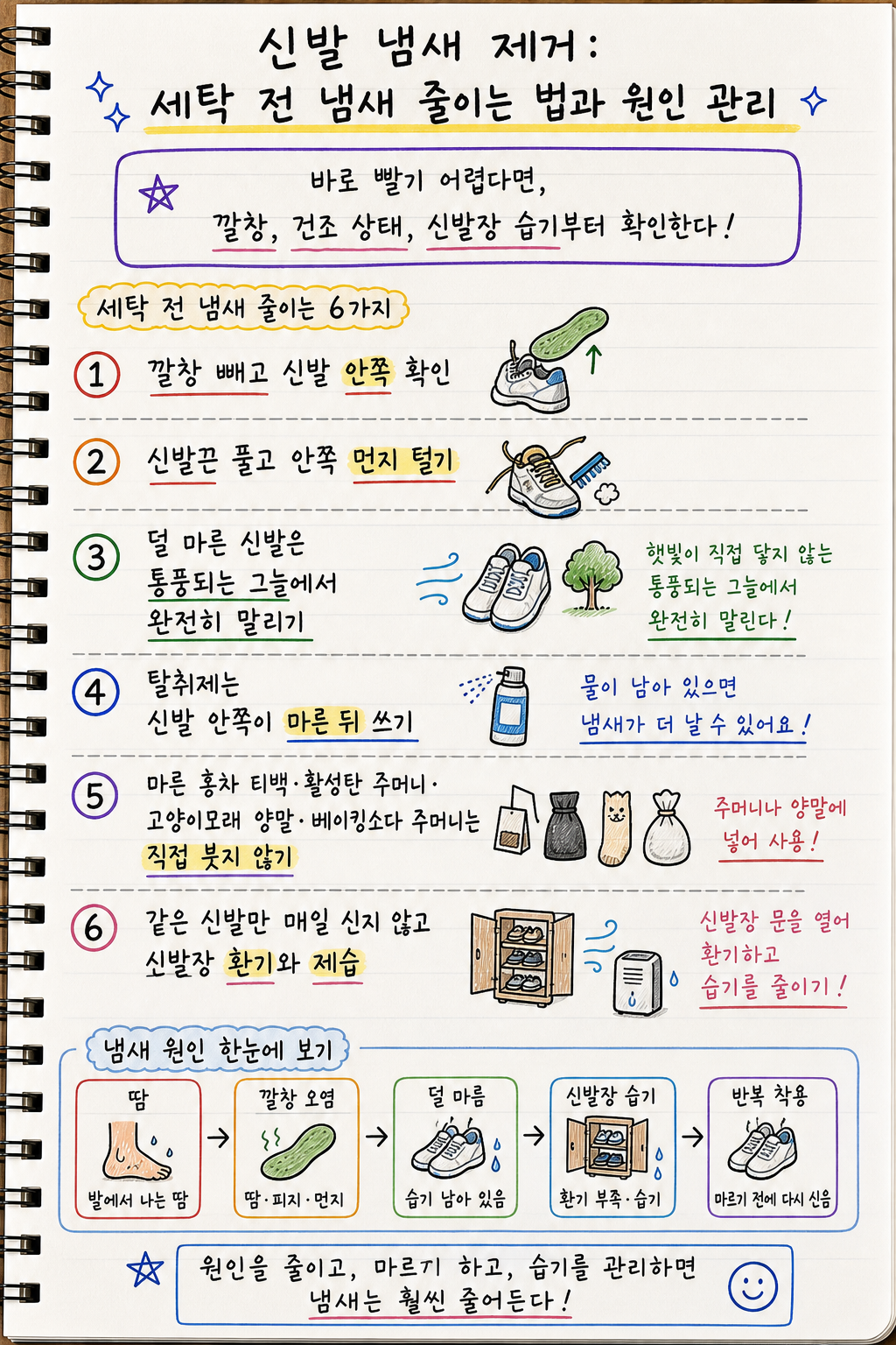 신발 냄새 제거를 위해 깔창 분리와 완전 건조 탈취 방법을 정리한 손글씨 노트