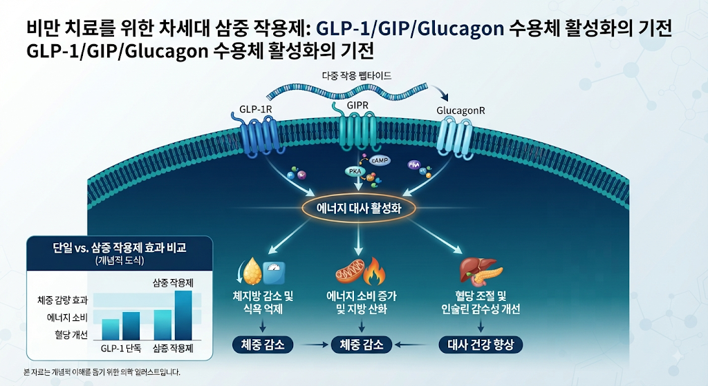 GLP-1과 GIP와 글루카곤 삼중작용제의 개념을 설명하는 비만 신약 연구개발 인포그래픽