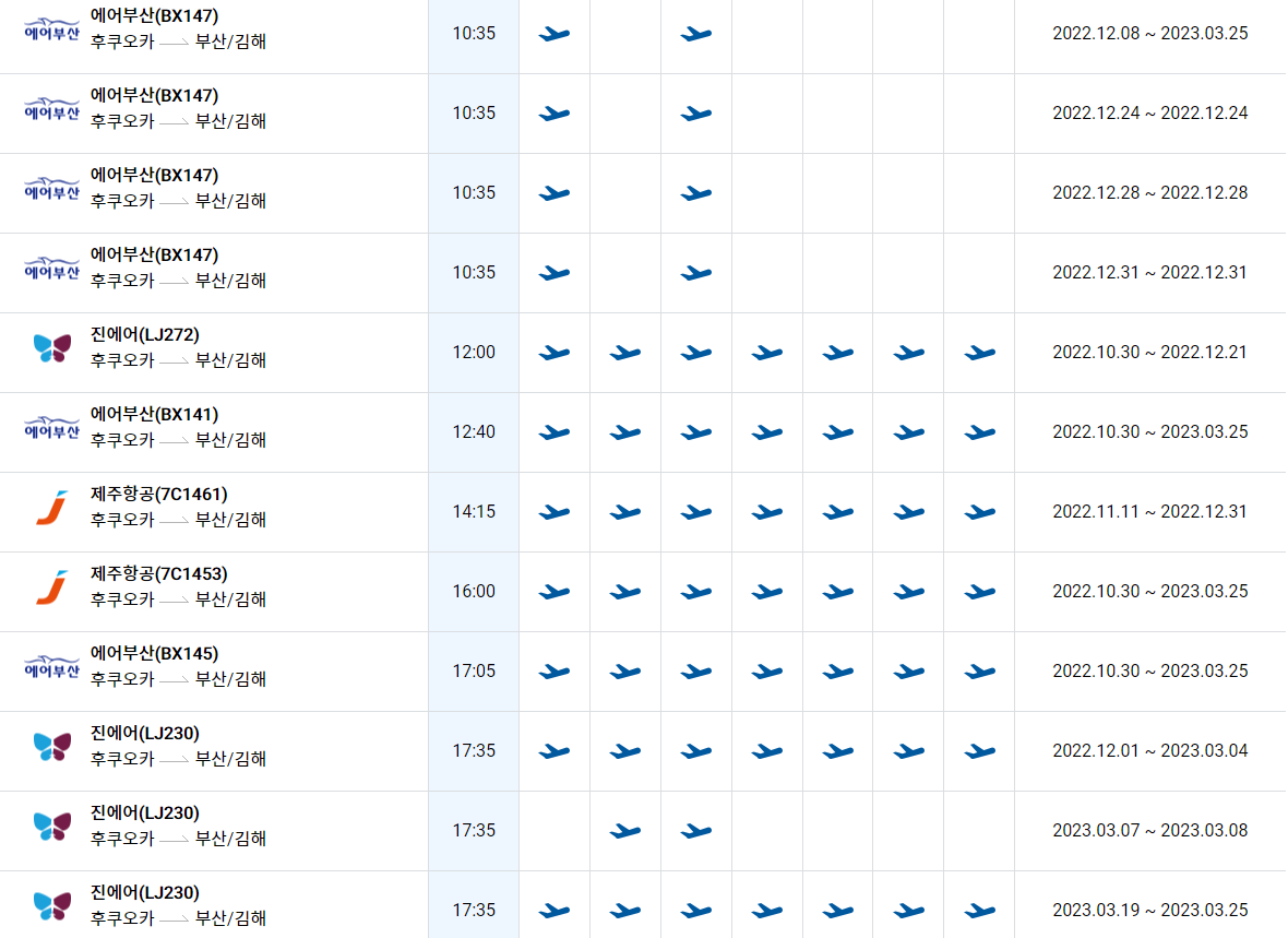 부산 김해공항-일본 후쿠오카공항 비행기 운항 시간표 비행기표 예약7