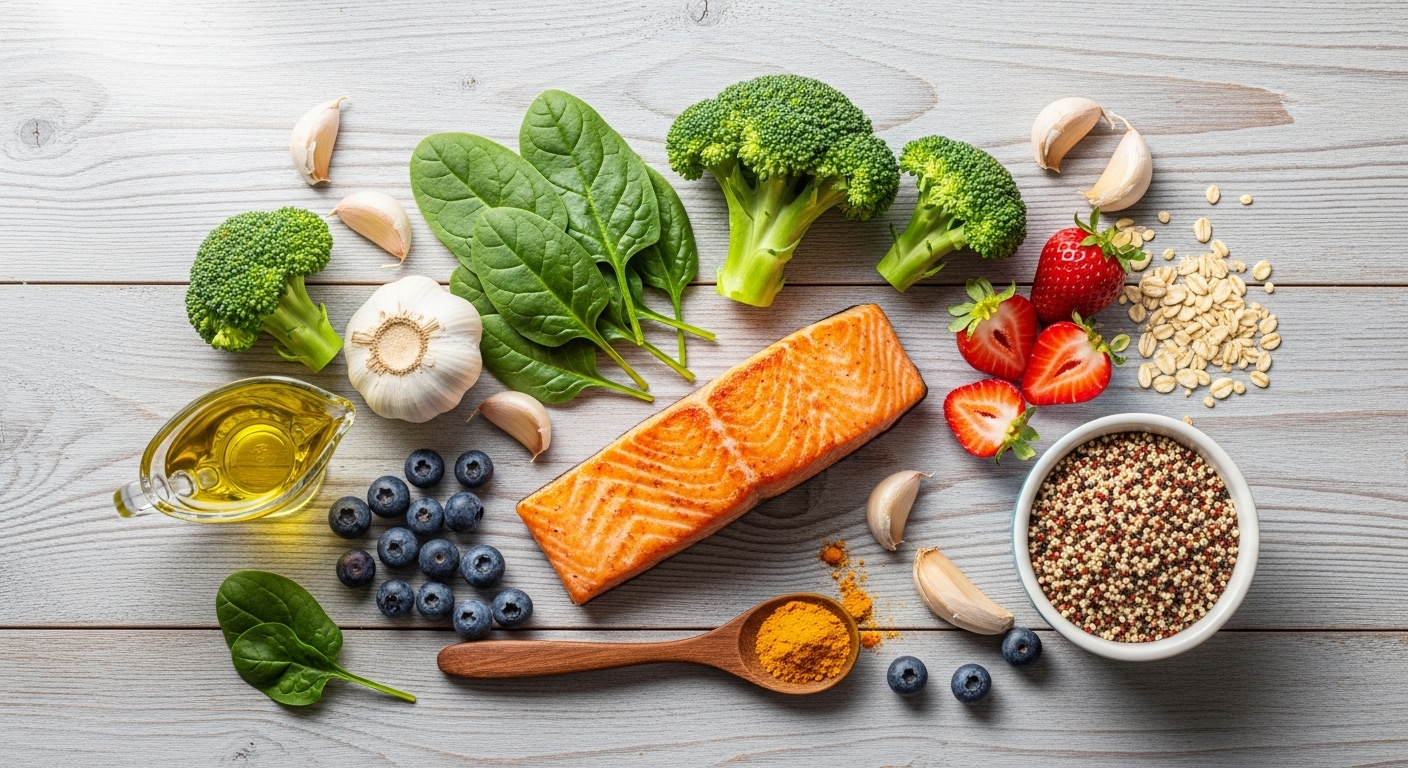 브로콜리, 베리류, 마늘, 연어 등 간 건강에 좋은 신선한 식재료들이 테이블에 놓인 모습.