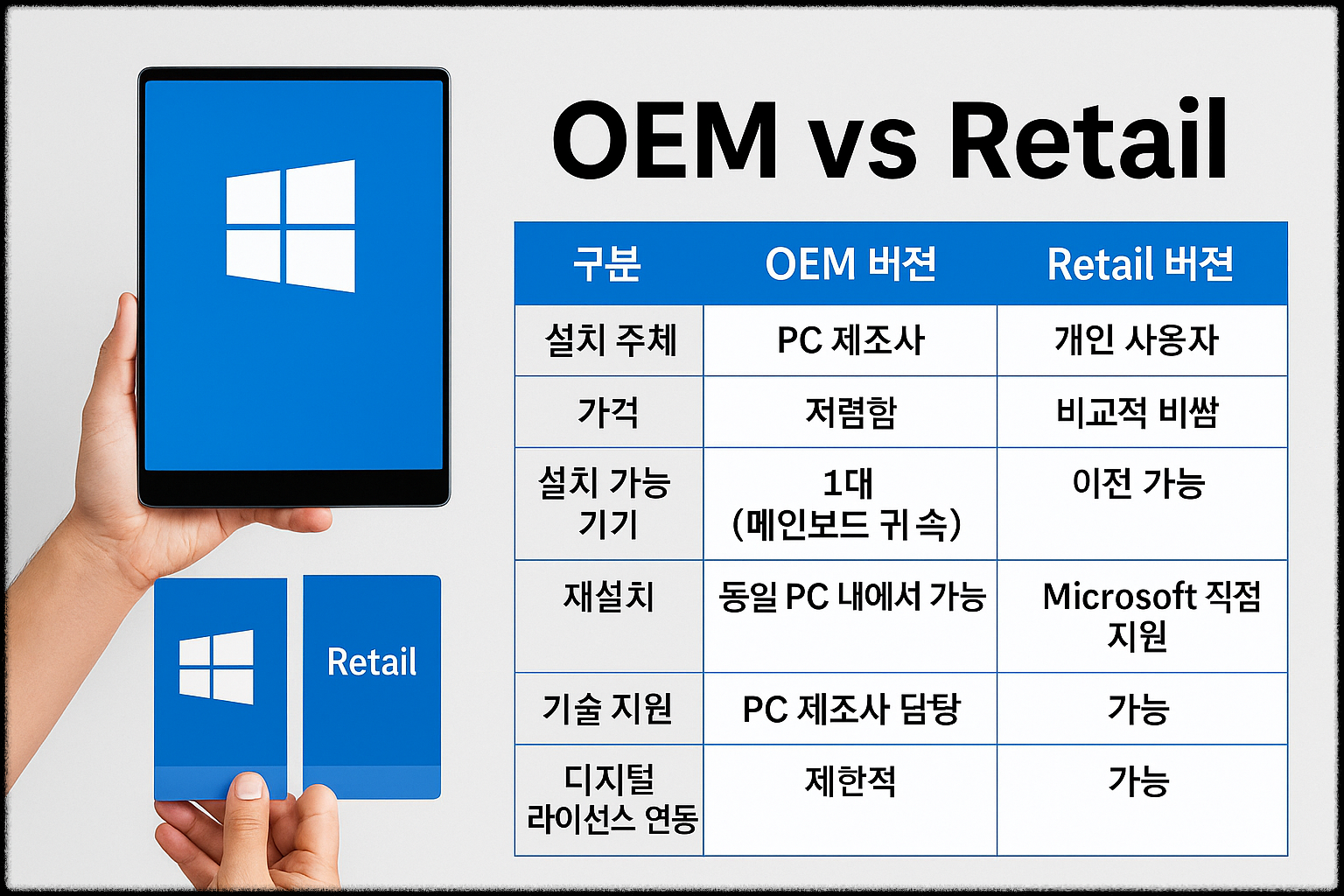 Windows OEM vs Retail 비교 장면
