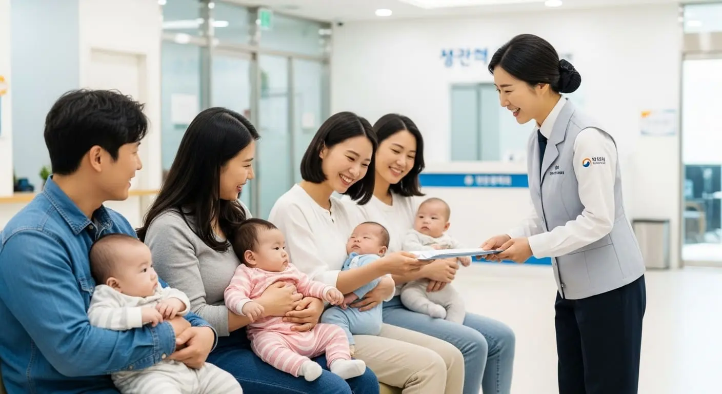 지자체 지원으로 RSV 예방접종을 받으며 밝게 웃는 영유아와 보호자들