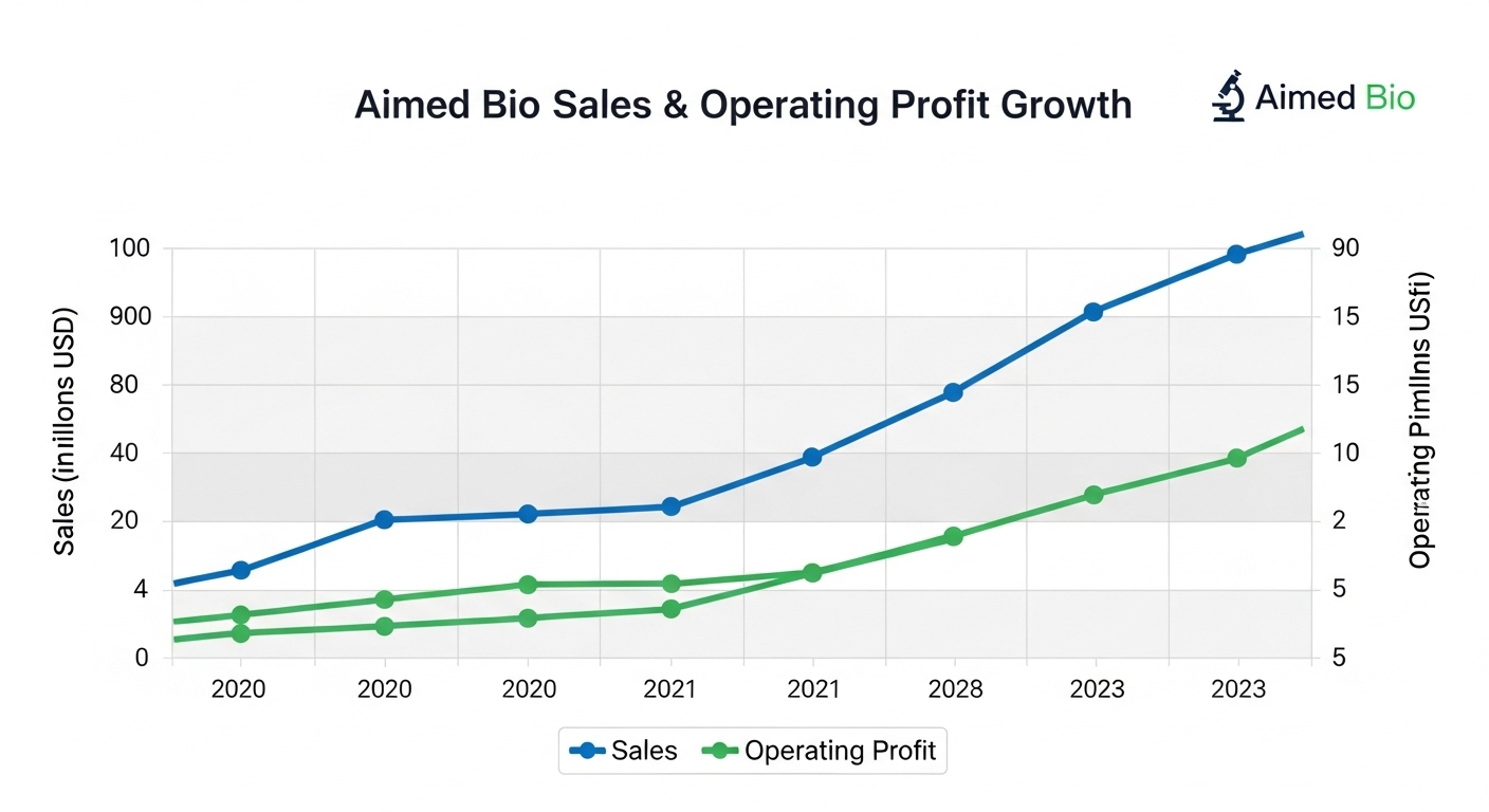 에임드바이오의 매출과 영업이익 성장 그래프를 보여주는 재무 차트 이미지