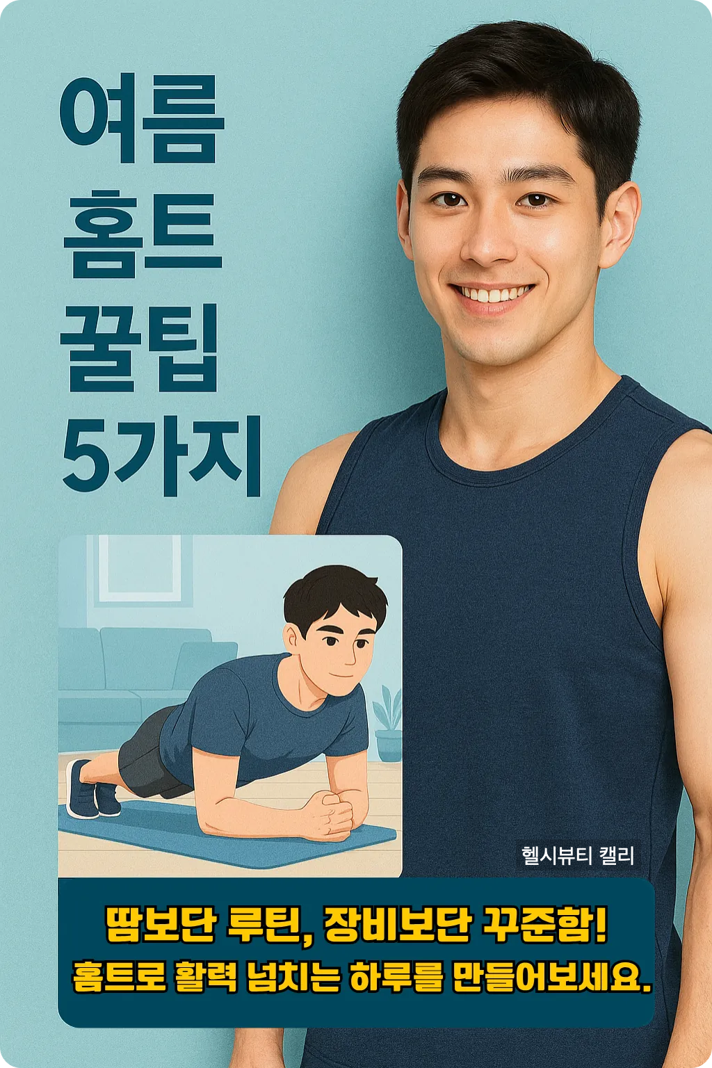 여름 홈트 꿀팁 5가지를 안내하는 남성 인포그래픽 이미지