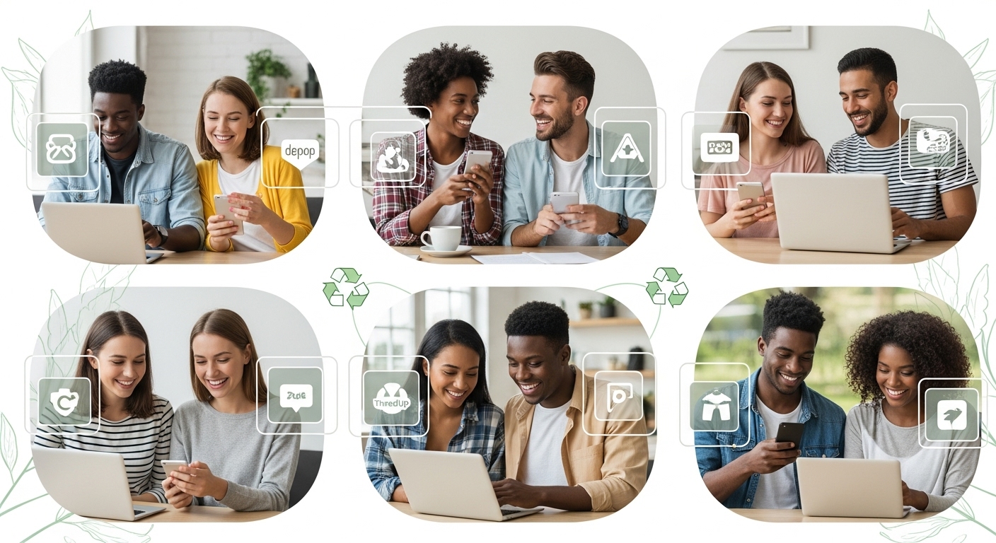 스마트폰과 노트북으로 중고거래 앱을 이용하며 가치소비를 실천하는 젊은 세대의 모습