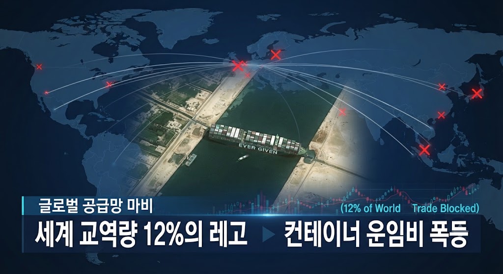 2021년 에버기븐호 좌초 사건과 현재의 홍해 위기를 결합하여 보여줍니다. 수로를 비스듬히 막아선 거대한 에버기븐호 실사 위에, 세계 지도가 겹쳐져 있고 붉은색 X 표시가 점멸합니다. 주변으로는 멈춰 선 수많은 선박 아이콘들이 보이며, '세계 교역량 12% 마비'와 '컨테이너 운임비 급등'이라는 텍스트가 경제적 파급효과를 명확히 전달합니다.