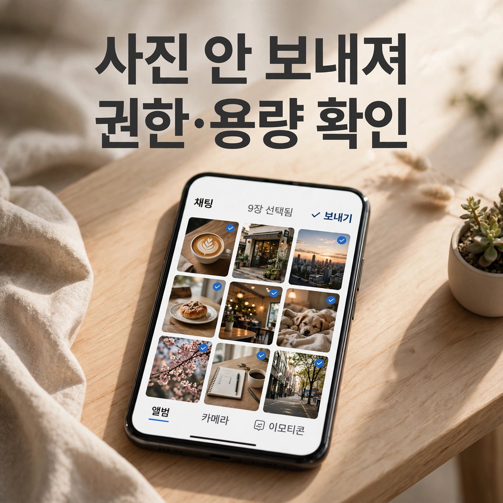 스마트폰과 '사진 안 보내져 · 권한·용량 확인' 썸네일 문구 이미지
