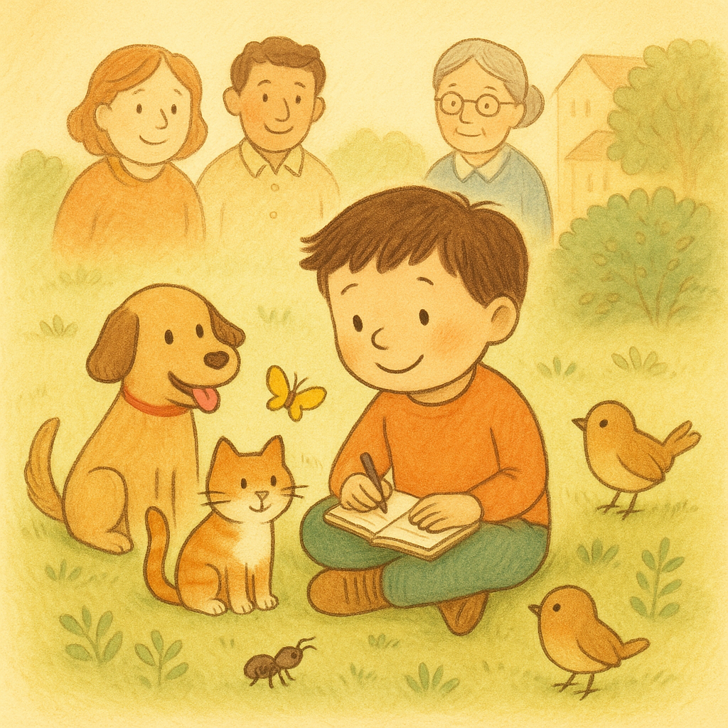 동물친구들과 이야기하고 있는 아이의 그림