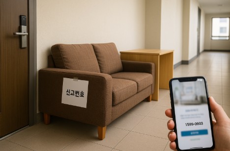 아파트 복도에 신고 메모가 붙은 소파 대형폐기물과 스마트폰 접수 화면