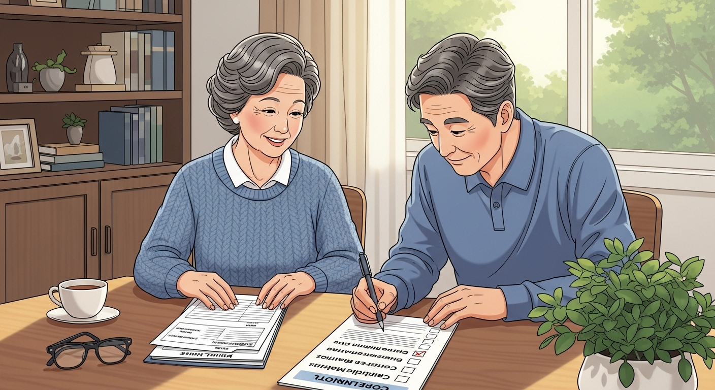 검진 전 준비를 하는 노년 부부의 모습, 체크리스트를 확인