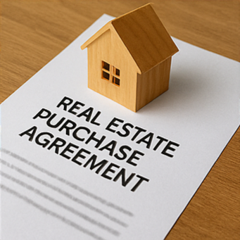 부동산 구매 계약서와 나무 집 모형&amp;#44; 열쇠가 올려진 매매 계약서&amp;#44; 명확한 문구가 인쇄된 서류