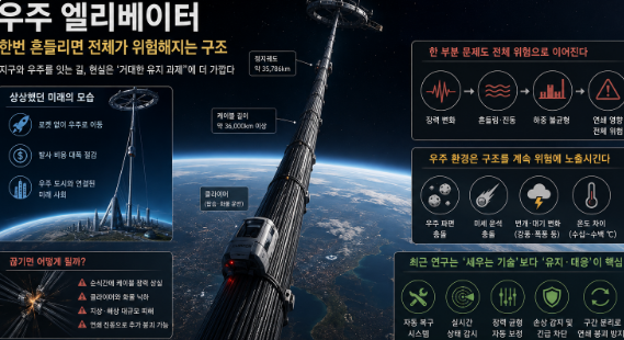 우주와 지구를 연결한 거대한 우주 엘리베이터 케이블이 흔들림 속에서 균형을 유지하려는 모습