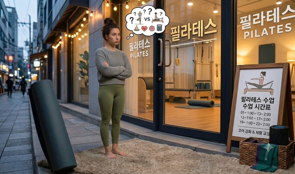 한 여성이 필라테스 학원 앞에서 자신에게 맞는 운동이 무엇일지 고민에 잠긴 모습
