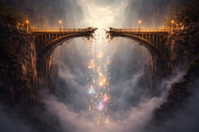 음악적 기승전결의 핵심인 브릿지의 부재를 끊어진 다리로 형상화한 비유적 이미지.