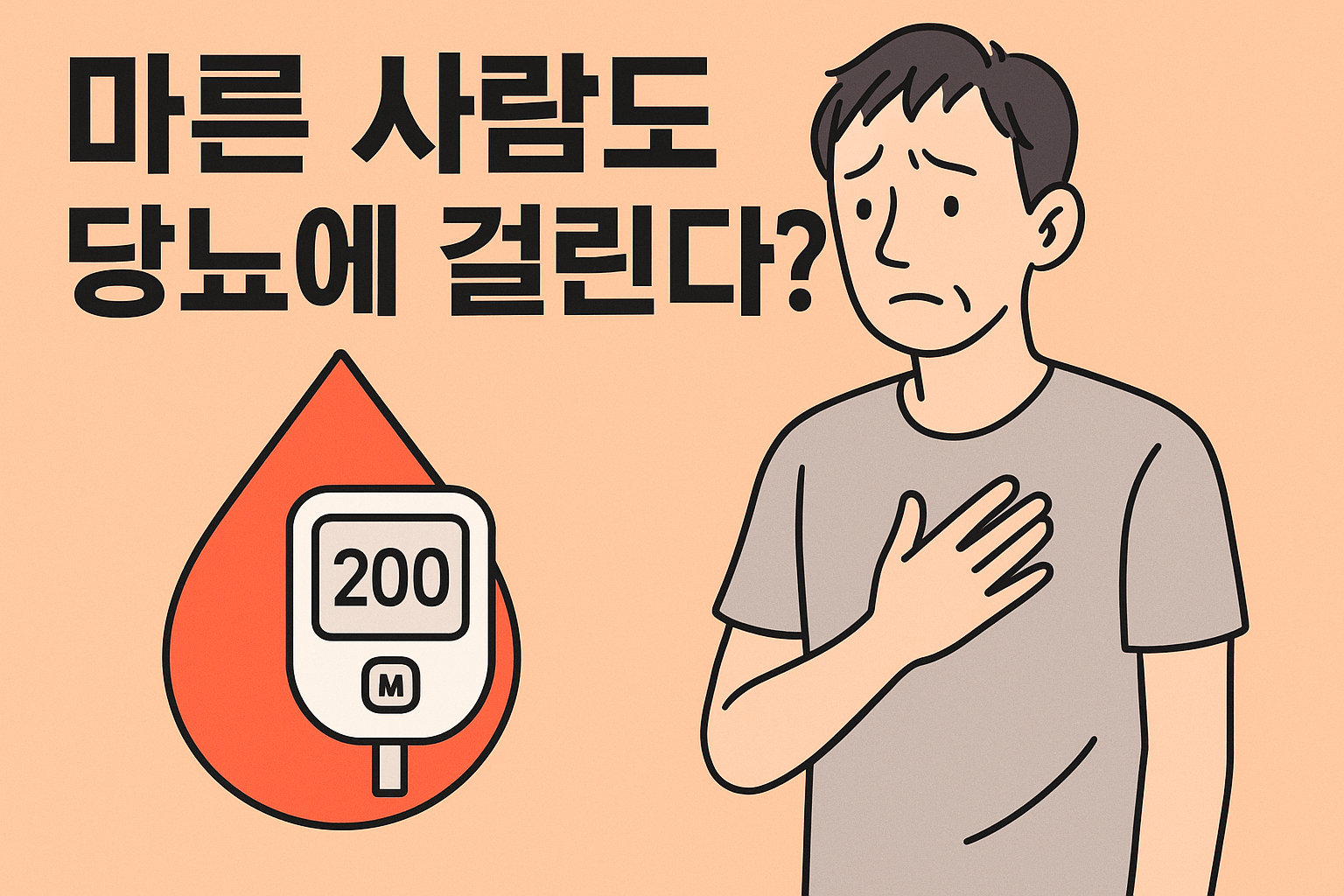 마른 남성이 걱정스러운 표정으로 가슴에 손을 얹고 서 있으며, 옆에는 혈당 측정기와 붉은 혈당 방울 아이콘이 함께 그려져 있고, 상단에는 굵은 글씨로 “마른 사람도 당뇨에 걸린다?”라는 문구가 적혀 있는 건강 정보형 일러스트.