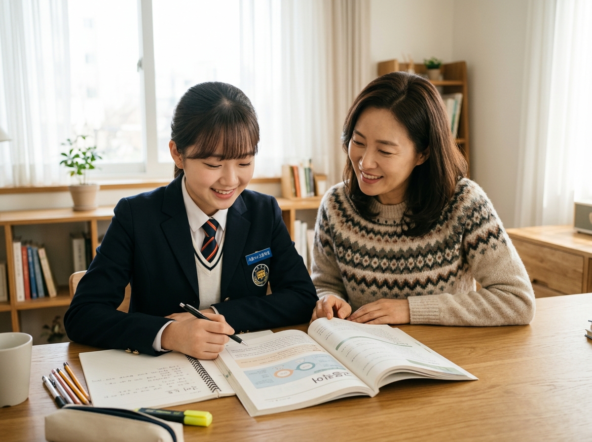 학부모와 학생이 함께 국어 교재를 보며 학습 계획을 세우는 모습