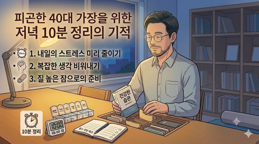 아늑한 서재에서 요일별 약통과 폼롤러를 앞에 두고 미소 지으며 저녁 루틴을 정리하는 40대 중반 남성