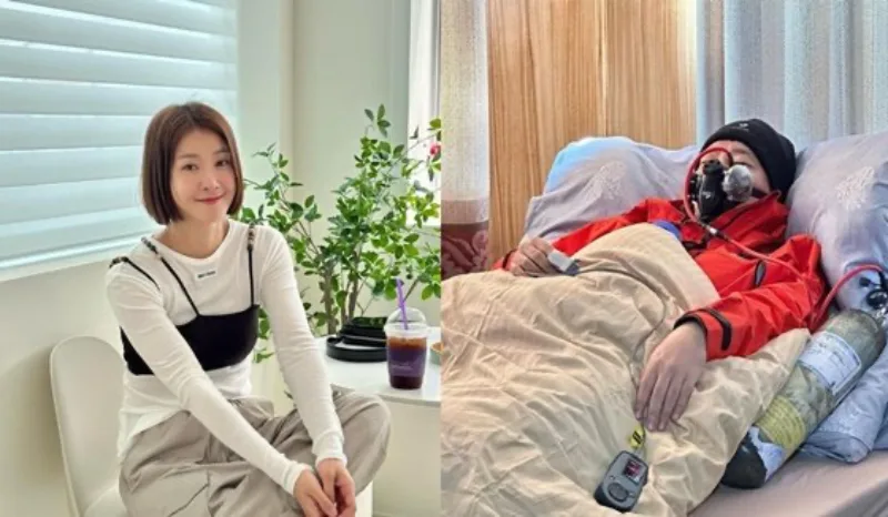 배우 이시영과 히말라야 트레킹중 고산병을 겪어 산소호흡을 하고 있는 팀원