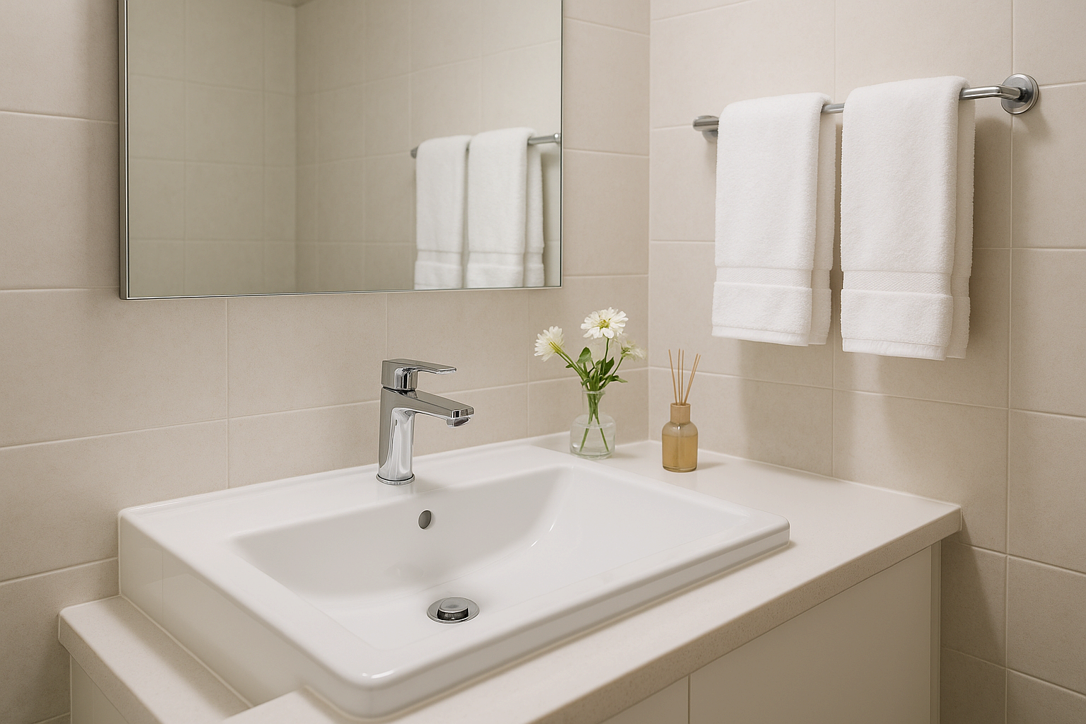 깨끗하게 정리된 욕실과 새 수건, 작은 디테일이 더해진 모습