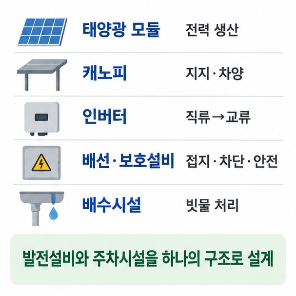 태양광 모듈, 캐노피 구조물, 인버터, 배선 보호설비, 배수시설로 구성된 태양광 주차장 구조 이미지